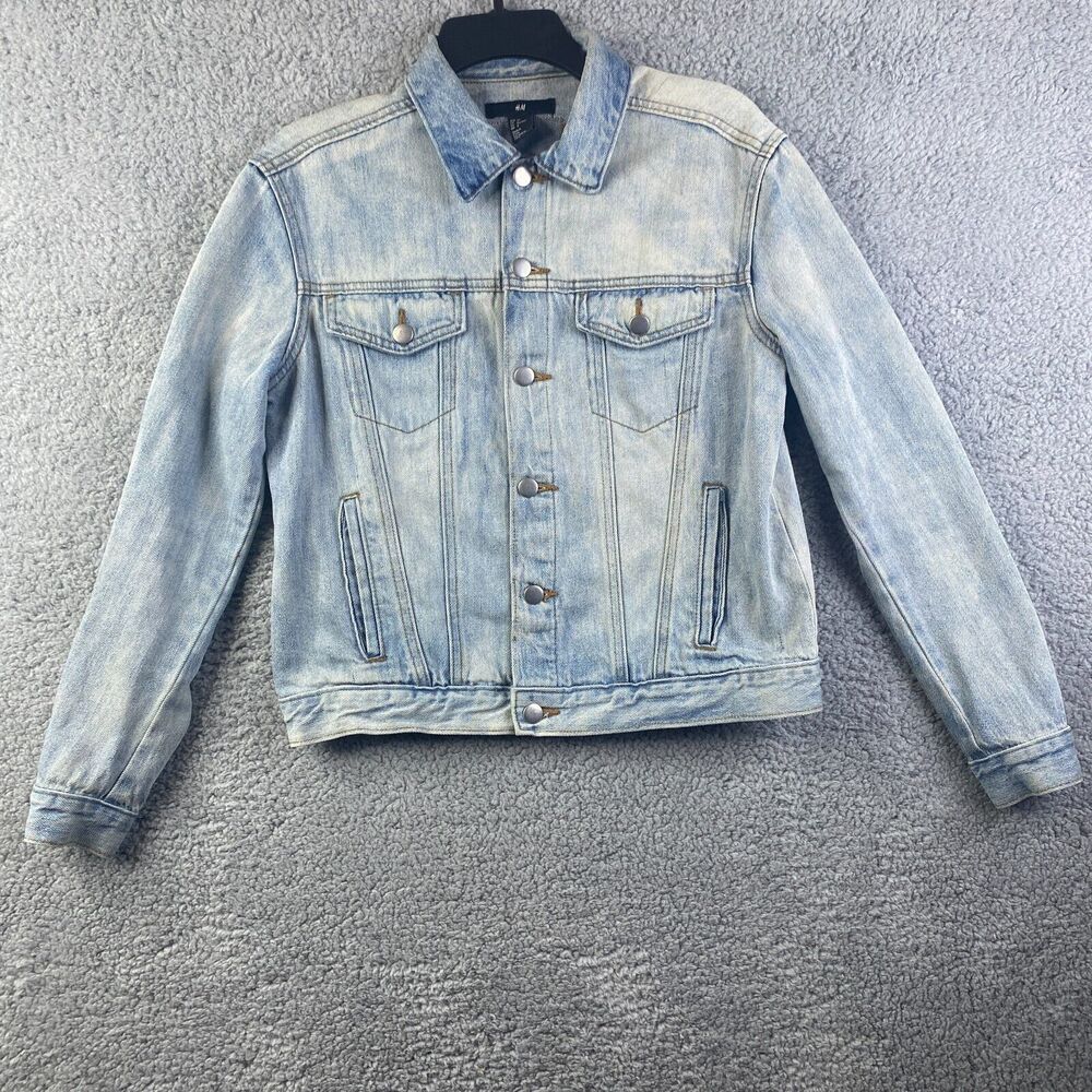 H&M Denim Jacket Womens Size 6 Distressed Light Wash Jean Stretch Button Up